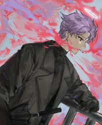 Rule 34 | 1boy, bad id, bad twitter id, black gloves, black jacket, black sweater, black umbrella, cigarette, closed umbrella, gloves, highres, jacket, long sleeves, male focus, open clothes, open jacket, pow (p0w at 100), purple hair, red eyes, saibou shinkyoku, short hair, solo, sweater, theodore riddle, turtleneck, turtleneck sweater, umbrella