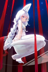 Rule 34 | 1girl, against glass, animal ear fluff, animal ears, ass, azur lane, blue eyes, braid, breasts, fake animal ears, feet, from below, glass, highres, le malin (azur lane), le malin (listless lapin) (azur lane), legs, leotard, long hair, looking down, no shoes, official alternate costume, pantyhose, playboy bunny, rabbit ears, ribbon, see-through, silver hair, sitting, small breasts, solo, thigh strap, thighs, toes, transparent seat, twin braids, twintails, very long hair, white leotard, white pantyhose, wo chi xiangjiao pi, wrist cuffs