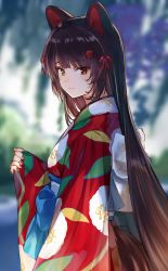 Rule 34 | 1girl, :3, alternate costume, alternate hairstyle, animal ears, black hair, blurry, blurry background, commentary, hair ornament, heterochromia, highres, inui toko, inui toko (4th costume), isshiki (ffmania7), japanese clothes, kimono, long hair, long sleeves, looking at viewer, nijisanji, ribbon, solo, virtual youtuber