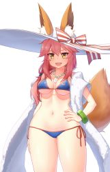 Rule 34 | 10s, 1girl, :d, animal ears, arm at side, bad id, bad pixiv id, bare shoulders, bikini, blue bikini, blush, bow, bracelet, breasts, cleavage, collarbone, cowboy shot, ears through headwear, fangs, fate/extra, fate (series), fox ears, fox tail, hair tie, halterneck, hand on own hip, hat, hat bow, highres, jewelry, long hair, looking afar, low-tied long hair, medium breasts, narynn, navel, necklace, open mouth, pendant, side-tie bikini bottom, simple background, smile, standing, stomach, string bikini, striped, striped bow, sun hat, swimsuit, tail, tamamo (fate), tamamo no mae (fate/extra), tamamo no mae (swimsuit lancer) (fate), tamamo no mae (swimsuit lancer) (third ascension) (fate), towel, tsurime, white background, white hat, wide hips