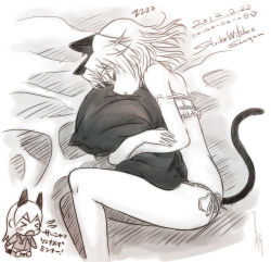 Rule 34 | &gt; &lt;, 2girls, animal ears, bare shoulders, bed, bed sheet, cat ears, cat tail, character name, chibi, copyright name, dated, eila ilmatar juutilainen, closed eyes, long hair, lying, monochrome, multiple girls, hugging object, on side, panties, pillow, pillow hug, ryou (shirotsumesou), sanya v. litvyak, short hair, side-tie panties, sleeping, strap slip, strike witches, tail, underwear, world witches series, zzz