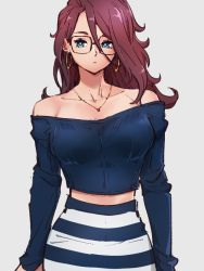 Rule 34 | 1girl, alternate costume, android 21, bare shoulders, blue eyes, breasts, collarbone, dragon ball, dragon ball fighterz, earrings, glasses, grey background, hair between eyes, hoop earrings, jewelry, kemachiku, long hair, long sleeves, looking at viewer, medium breasts, meme, midriff, necklace, red hair, simple background, skirt, solo, striped clothes, striped skirt, the dress (meme)