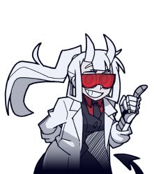 Rule 34 | 1girl, arm behind back, bags under eyes, black jacket, black necktie, black pants, breasts, buttons, coat, collared shirt, cowboy shot, demon girl, demon tail, female focus, formal, goggles, grin, hair rings, hand up, happy, helltaker, horns, index finger raised, jacket, lab coat, leaning forward, long hair, long sleeves, looking at viewer, loremaster (helltaker), mechanical arms, medium breasts, necktie, official art, open clothes, open coat, pants, ponytail, prosthesis, red-tinted eyewear, red-tinted glasses, red shirt, rimless eyewear, shirt, sidelocks, simple background, sleeves rolled up, smile, solo, standing, suit, sunglasses, tail, teeth, tinted eyewear, transparent background, vanripper, visor, white coat, white hair