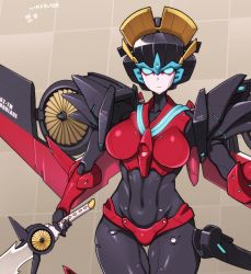 Rule 34 | 1girl, autobot, blue eyes, breasts, character name, grid, grid background, highres, holding, legs together, looking at viewer, makeup, mechanical wings, meme50, solo, standing, sword, transformers, weapon, windblade, wings