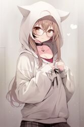 Rule 34 | 1girl, ahoge, animal ears, berry, black choker, blush, brown eyes, brown hair, brown hoodie, brown skirt, choker, collarbone, commentary, deyui, earrings, ears through headwear, english commentary, food-themed earrings, glasses, heart, highres, hololive, hololive english, hood, hood up, hooded jacket, hoodie, jacket, jewelry, light particles, long hair, looking at viewer, multicolored hair, nanashi mumei, nanashi mumei (casual), necklace, official alternate costume, oversized clothes, parted lips, plaid, plaid skirt, red shirt, round eyewear, runes, shirt, skirt, sleeves past wrists, solo, streaked hair, very long hair, virtual youtuber