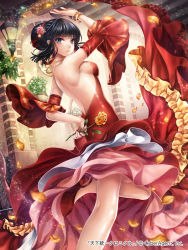 Rule 34 | 1girl, bare back, bare shoulders, black hair, bracelet, closed mouth, detached sleeves, dress, female focus, flower, frills, grey eyes, hair flower, hair ornament, hobak, jewelry, leaf, looking at viewer, necklace, pink flower, rose, solo, tenka touitsu chronicle, yellow flower