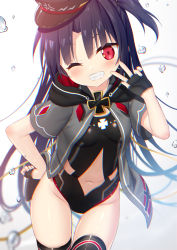 Rule 34 | 1girl, ;d, argyle, argyle clothes, argyle cutout, azur lane, black hair, black thighhighs, center opening, clothing cutout, commentary request, cross, fingerless gloves, gloves, grin, hat, highres, iron cross, jacket, leotard, long hair, navel, one-piece swimsuit, one eye closed, open mouth, red eyes, side cutout, smile, solo, swimsuit, thigh gap, thighhighs, u-73 (azur lane), very long hair, yano mitsuki (nanairo)