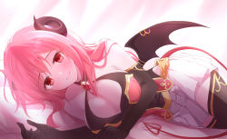 Rule 34 | 1girl, bare shoulders, blush, breasts, brooch, choker, curled horns, demon tail, demon wings, elbow gloves, gloves, highres, horns, io (princess connect!), jewelry, large breasts, looking at viewer, lying, on side, pink hair, princess connect!, red eyes, skirt, smile, solo, tail, thighhighs, whitel (zou tukasaki), wings