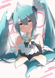 Rule 34 | 1girl, 39, ahoge, aqua eyes, aqua hair, bare shoulders, character name, closed mouth, commentary, cropped torso, detached sleeves, flower, hair flower, hair ornament, hatsune miku, head tilt, highres, long hair, looking at viewer, mashiron (mashiron8), miku day, smile, solo, twintails, vocaloid, white flower