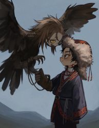 Rule 34 | 1boy, 1girl, artist name, bird, black gloves, black hair, brown feathers, brown gloves, brown hair, cowboy shot, day, earrings, eye contact, falconry, falconry glove, feathers, from side, fur hat, fur trim, gloves, grey jacket, harpy, hat, human head, ishida umi, jacket, jewelry, looking at another, medium hair, messy hair, monster girl, mountainous horizon, open mouth, original, outdoors, profile, red headwear, single glove, sleeves past fingers, sleeves past wrists, smile, spread wings, standing, watermark, yellow eyes