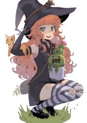 Rule 34 | 1girl, arm up, black footwear, black gloves, black hat, black thighhighs, blush, cactus, cat, elbow gloves, gloves, green eyes, hat, highres, long hair, looking at viewer, milka (milk4ppl), mole, mole under eye, multicolored thighhighs, open mouth, original, red hair, smile, solo, squatting, striped clothes, striped thighhighs, teeth, thighhighs, torn clothes, torn gloves, torn thighhighs, wavy hair, white thighhighs, witch, witch hat
