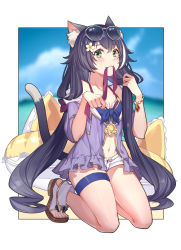 Rule 34 | 1girl, animal ear fluff, animal ears, bare legs, bare shoulders, bikini, bikini under clothes, black hair, blue sky, blush, border, bracelet, breasts, bubble1995, cat ears, cat girl, cat tail, cleavage, closed mouth, collarbone, day, eyewear on head, fang, flower, front-tie bikini top, front-tie top, full body, green eyes, hair flower, hair ornament, highres, innertube, jacket, jewelry, karyl (princess connect!), karyl (summer) (princess connect!), kneeling, long hair, looking at viewer, low twintails, mouth hold, multicolored hair, navel, open clothes, open fly, open jacket, open shorts, outside border, princess connect!, purple bikini, purple jacket, short shorts, shorts, skin fang, sky, small breasts, smile, solo, streaked hair, sunglasses, swim ring, swimsuit, tail, thigh strap, toeless footwear, twintails, two-tone hair, very long hair, white-framed eyewear, white border, white flower, white footwear, white hair, white shorts