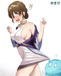 Rule 34 | !?, 1girl, @ @, absurdres, bare shoulders, blush, breasts, brown eyes, brown hair, commentary request, covered erect nipples, cowboy shot, dress, dunyarzad (genshin impact), genshin impact, highres, medium breasts, mockingeu, nose blush, npc (genshin impact), open mouth, sideboob, simple background, slime (genshin impact), standing, tears, thighs, tiara, translation request, white background, white dress