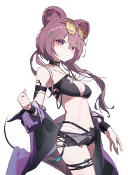 Rule 34 | 1girl, absurdres, animal ears, arknights, beudelb, bikini, black bikini, black shorts, breasts, cleavage, eyewear on head, hair ornament, hairclip, highres, jacket, lin (arknights), long hair, looking at viewer, medium breasts, mouse ears, mouse girl, off shoulder, open clothes, open fly, open jacket, pink eyes, pink hair, purple jacket, short shorts, shorts, simple background, solo, star (symbol), star hair ornament, sunglasses, swimsuit, tinted eyewear, white background, yellow-tinted eyewear