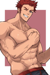 Rule 34 | 1boy, abs, bara, clenched hand, commentary request, highres, large pectorals, looking at viewer, male focus, mature male, muscular, muscular male, navel, open mouth, original, pectorals, smile, solo, stomach, topless male, yani (yano 023)