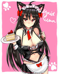 Rule 34 | 1girl, animal ears, apron, bad id, bad pixiv id, bare shoulders, black hair, black skirt, blush, bow, breasts, cake, cat ears, character request, cleavage, closed mouth, collarbone, cowboy shot, detached collar, detached sleeves, food, hair bow, heart, highres, holding, holding tray, iris yuma, large breasts, lily sia, long hair, looking at viewer, maid, maid headdress, miniskirt, navel, necktie, red bow, red eyes, red necktie, revealing clothes, sidelocks, skirt, smile, solo, soulworker, tray, very long hair, waist apron