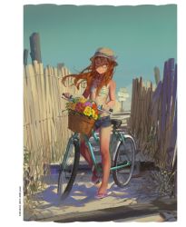 Rule 34 | 1girl, alphonse (white datura), basket, bicycle, bicycle basket, bikini, bikini top only, blue eyes, blue shorts, blue sky, brown hair, closed mouth, day, female focus, fence, flat chest, flip-flops, flower, flower basket, full body, glasses, hat, highres, long hair, looking at viewer, non-web source, orange flower, original, outdoors, purple flower, red-framed eyewear, red flower, sandals, short shorts, shorts, sky, smile, solo, standing, striped bikini, striped bikini top, striped clothes, swimsuit, white footwear, yellow flower