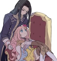 Rule 34 | 1boy, 1girl, armor, atelier (series), atelier lulua, black coat, black hair, blue eyes, breastplate, brown gloves, cape, closed mouth, coat, commentary request, crown, dress, epaulettes, gloves, hands on own knees, karasumi (aiseec), long hair, long sleeves, looking at another, looking down, looking up, merurulince rede arls, pink hair, rufus falken, simple background, sitting on throne, sitting sideways, smile, throne, white background, white cape, yellow dress