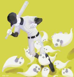 Rule 34 | 1boy, artist name, baseball bat, baseball cap, baseball uniform, belt, chewing, commentary request, covered eyes, dutch angle, faceless, faceless male, ghost, greyscale with colored background, hands up, hat, highres, holding, holding baseball bat, kneehighs, layered sleeves, long sleeves, male focus, niwasakino daei, o x, off (game), over shoulder, shadow, short over long sleeves, short sleeves, simple background, socks, solo, sportswear, surrounded, sweatdrop, the batter (off), weapon, weapon over shoulder, x x, yellow background