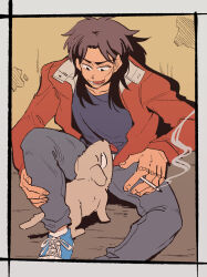 Rule 34 | 1boy, black eyes, black hair, black shirt, blue footwear, brown jacket, cigarette, commentary request, dog, foot out of frame, grey pants, highres, holding, holding cigarette, inudori, itou kaiji, jacket, kaiji, long hair, looking at animal, lower teeth only, male focus, medium bangs, open clothes, open jacket, open mouth, pants, parted bangs, shirt, shoes, sitting, smile, smoke, sneakers, solo, teeth