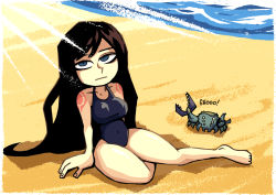 Rule 34 | 1girl, bare shoulders, beach, black hair, blue eyes, breasts, castlevania (series), castlevania: order of ecclesia, crab, goth fashion, long hair, looking at viewer, one-piece swimsuit, school swimsuit, setz, shanoa, simple background, solo, swimsuit, tattoo, very long hair