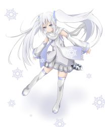 Rule 34 | 1girl, blue eyes, detached sleeves, hair ornament, hatsune miku, long hair, looking at viewer, pleated skirt, scarf, skirt, smile, snowflakes, solo, thighhighs, twintails, vocaloid, white hair, white scarf, white thighhighs, yuki (sangeki5806), yuki miku
