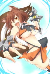 Rule 34 | 1girl, angry, animal ears, antenna hair, arc system works, ass, bare shoulders, blazblue, blazblue: continuum shift, breasts, brown eyes, brown hair, clenched hand, crop top, dual wielding, fingerless gloves, gloves, holding, incoming attack, incoming punch, kuroi no, large breasts, makoto nanaya, microskirt, midriff, multicolored hair, open mouth, panties, pantyshot, punching, short hair, shouting, side slit, skirt, solo, squirrel ears, squirrel tail, tail, thighhighs, thong, tonfa, two-tone hair, underboob, underwear, upskirt, weapon, white hair