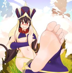 Rule 34 | 1girl, barefoot, blush, breasts, brown hair, fate/grand order, fate (series), feet, foot focus, hat, jewelry, large breasts, long hair, looking at viewer, necklace, pov, red eyes, sitting, smile, soles, toes, xuangzang sanzang (fate)
