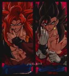 Rule 34 | absurdres, adjusting clothes, adjusting gloves, anger vein, biceps, black hair, black wristband, bleeding, blood, blood from mouth, blood on clothes, blood on face, blood on hands, blue eyes, blue sash, body fur, bruise, cuts, dragon ball, dragon ball gt, dragon ball heroes, earrings, gloves, gogeta, hair between eyes, highres, injury, jewelry, long hair, looking at viewer, male focus, metamoran vest, monkey boy, monkey tail, muscular, muscular male, no nipples, pants, pectorals, potara earrings, red fur, red hair, relio db318, sash, simple background, smile, spiked hair, super saiyan, super saiyan 4, tail, upper body, vegetto, vegetto (xeno), veins, veiny hands, white pants