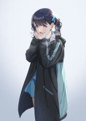 Rule 34 | 1girl, :o, black hair, black jacket, blue bow, blue nails, blue skirt, blush, bow, breath, breathing on hands, commentary request, fang, fukumaru koito, grey background, hair bow, hands up, highres, idolmaster, idolmaster shiny colors, jacket, long sleeves, looking away, nail polish, open clothes, open jacket, open mouth, puffy long sleeves, puffy sleeves, red eyes, skirt, sleeves past wrists, solo, standing, tuchinokoeffect, twintails