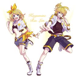 Rule 34 | 1boy, 1girl, blonde hair, blue eyes, boots, brother and sister, hair ornament, hair ribbon, hairclip, kagamine len, kagamine rin, looking at viewer, midriff, navel, open mouth, ribbon, short hair, siblings, simple background, smile, twins, vocaloid, yamako (state of children)
