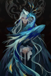 Rule 34 | 1other, androgynous, animal on arm, bird, bird on arm, cane, chinese clothes, expressionless, eyeshadow, fabulous, fate/grand order, fate (series), fingernails, forehead jewel, highres, holding, holding cane, long fingernails, long hair, long sleeves, looking at viewer, makeup, other focus, peacock, red eyes, red eyeshadow, shi huang di (fate), solo, straight-on, thedaw0, very long hair, white hair