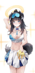 Rule 34 | 1girl, absurdres, arm up, bare arms, bare shoulders, black hair, blue archive, blue eyes, breasts, cheerleader, cleavage, commentary, cowboy shot, crop top, facial mark, goggles, goggles on head, hibiki (blue archive), hibiki (cheer squad) (blue archive), highres, holding, holding pom poms, large breasts, midriff, millennium cheerleader outfit (blue archive), miniskirt, navel, pleated skirt, pom pom (cheerleading), pom poms, simple background, skirt, solo, standing, star (symbol), stomach, tail, white background, white skirt, wuzhihuijia