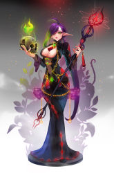 Rule 34 | 1girl, ahoge, black dress, black nails, breasts, cleavage, covered navel, dress, elf, fire, glowing, green eyes, green fire, hair over eyes, highres, long hair, nail polish, one eye covered, original, pointy ears, ponytail, purple hair, rrose, see-through, skull, solo, staff, standing, tassel, very long hair