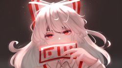 Rule 34 | 1girl, absurdres, bow, covering own mouth, fujiwara no mokou, hair bow, hand up, highres, imperishable night, light, light particles, long hair, long sleeves, looking at viewer, md5 mismatch, ofuda, red eyes, resolution mismatch, self-upload, shirt, silver hair, solo, source smaller, touhou, white shirt, yuhel