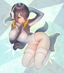 Rule 34 | 1girl, arm up, black footwear, black hair, black jacket, blush, boots, breasts, emperor penguin (kemono friends), full body, hair over one eye, headphones, highleg, highres, hood, hoodie, jacket, kemono friends, large breasts, leotard, long hair, long sleeves, looking at viewer, mifu (b24vc1), multicolored hair, penguin tail, red hair, solo, streaked hair, tail, thighhighs, white leotard, white thighhighs