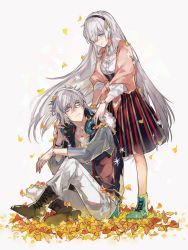 Rule 34 | 1boy, 1girl, anastasia (fate), boots, falling leaves, fate/grand order, fate (series), green eyes, hair over one eye, hairband, headphones, highres, kadoc zemlupus, leaf, long hair, looking up, official alternate costume, pants, shirt, silver hair, sitting, skirt, smile, striped clothes, striped skirt, vertical-striped clothes, vertical-striped skirt, very long hair, vest, waltz (tram), watch, wristwatch