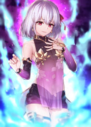Rule 34 | 1girl, absurdres, bare shoulders, blue background, detached sleeves, earrings, fate/grand order, fate (series), fingernails, flat chest, gradient background, hair ribbon, hand on own chest, highres, ibuki notsu, jewelry, kama (fate), kama (first ascension) (fate), looking at viewer, medium hair, parted lips, pelvic curtain, purple thighhighs, red eyes, red ribbon, ribbon, solo, thighhighs, thighs, upper body, white hair
