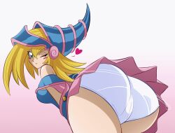 Rule 34 | 1girl, absurdres, animated, animated gif, ass, ass shake, bent over, blonde hair, bloomers, blue dress, blue eyes, blue hat, blue panties, blush, breasts, color change, dark magician girl, dress, from behind, gradient background, hat, heart, highres, large breasts, long hair, looking at viewer, looking back, one eye closed, panties, pink background, pink bloomers, pink panties, sleeveless, sleeveless dress, smile, solo, thefetishism, underwear, white panties, wink, witch, witch hat, yu-gi-oh!
