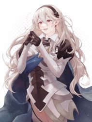 Rule 34 | 1girl, absurdres, armor, blue cape, blush, cape, commentary request, corrin (female) (fire emblem), corrin (fire emblem), fire emblem, fire emblem fates, gloves, hair ornament, hands up, headband, highres, long hair, long sleeves, nintendo, open mouth, pointy ears, puffy sleeves, red eyes, simple background, smile, sobasakuhin, solo, white hair