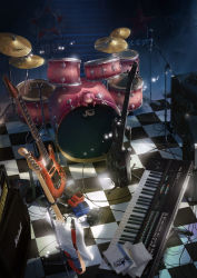 Rule 34 | 1girl, book, cable, checkered floor, drum, drum set, floor, headphones, highres, hjl, instrument, megurine luka, microphone stand, open book, pencil, piano, pink hair, solo, stairs, takoluka, tentacle hair, vocaloid, | |