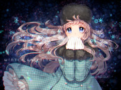 Rule 34 | 1girl, 2018, bad id, bad pixiv id, black hat, blue eyes, breathing on hands, brown hair, chromatic aberration, coat, commentary request, fur-trimmed sleeves, fur collar, fur hat, fur trim, gloves, green coat, hands up, hat, long hair, looking at viewer, nunucco, original, own hands together, signature, snowflakes, solo, unmoving pattern, very long hair, white gloves