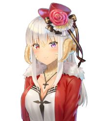 Rule 34 | 1girl, 5ya, au ra, bad id, bad pixiv id, black ribbon, blush, breasts, cleavage, closed mouth, cross, cross necklace, final fantasy, final fantasy xiv, flower, frills, fur trim, halloween, hat, hat flower, hat ribbon, heterochromia, horns, jacket, jewelry, large breasts, long hair, long sleeves, looking at viewer, mini hat, necklace, open clothes, open jacket, purple eyes, red eyes, red flower, red jacket, red rose, ribbon, rose, scales, shirt, simple background, smile, solo, top hat, upper body, white background, white hair, white shirt