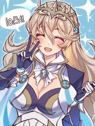 Rule 34 | 1girl, armor, blush, breasts, cape, cleavage, corrin (female) (fire emblem), corrin (female) (silent bloodline) (fire emblem), corrin (fire emblem), crown, fire emblem, fire emblem fates, fire emblem heroes, gloves, hair between eyes, hair ornament, hairband, jewelry, karashino, large breasts, long hair, looking at viewer, medium breasts, nintendo, official alternate costume, open mouth, pointy ears, shoulder armor, smile, solo