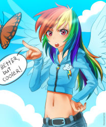 Rule 34 | 1girl, belt, blonde hair, blue hair, bug, butterfly, cloud, crop top, cropped jacket, day, denim, flat chest, green hair, hand on own hip, hip focus, bug, jeans, midriff, multicolored hair, my little pony, my little pony: friendship is magic, navel, open mouth, orange hair, pants, personification, pointing, purple hair, racoon-kun, rainbow, rainbow dash, ranguage, red eyes, red hair, solo, speech bubble, wings