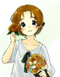 Rule 34 | 10s, 1girl, black bow, black ribbon, blue eyes, blush, bouquet, bow, braid, brown flower, brown rose, casual, collarbone, collared shirt, flower, girls und panzer, hair bow, hair flower, hair ornament, holding, holding bouquet, looking at viewer, oimo mushi, orange flower, orange hair, orange pekoe (girls und panzer), parted bangs, parted lips, ribbon, rose, shirt, short hair, short sleeves, simple background, smile, solo, standing, twin braids, upper body, white background, white shirt