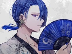 Rule 34 | 1boy, adam&#039;s apple, blue hair, blue nails, collarbone, earrings, from side, grey background, hair over one eye, hand fan, highres, hijirikawa masato, holding, holding fan, jewelry, light smile, looking at viewer, male focus, mole, mole under eye, nail polish, official alternate costume, official alternate hairstyle, parted lips, pelee, portrait, profile, purple eyes, shirt, short hair, single earring, snowflake background, snowflake print, solo, straight hair, tassel, tassel earrings, uta no prince-sama, white shirt