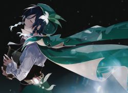 Rule 34 | 1boy, androgynous, aqua hair, bad id, bad twitter id, bard, beret, black background, black hair, blue hair, braid, cape, closed eyes, collared cape, corset, flower, frilled sleeves, frills, genshin impact, gradient hair, green cape, green hat, green shorts, hat, hat flower, highres, holding, holding instrument, instrument, lens flare, lyre, male focus, multicolored hair, open mouth, profile, shirt, short hair with long locks, shorts, side braids, solo, twin braids, venti (genshin impact), white flower, white shirt, yoko (nz g)