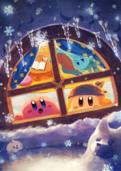 Rule 34 | :o, absurdres, artist name, awoofy, bandana, bandana waddle dee, blue bandana, blue eyes, blush, blush stickers, book, brown eyes, character snowman, cup, curtains, elfilin, highres, icicle, indoors, kirby, kirby&#039;s house, kirby (series), looking outside, mr. frosty, night, nintendo, no humans, open book, open mouth, snow, snowflakes, snowing, snowman, star (symbol), suyasuyabi, table, twitter username, window, winter