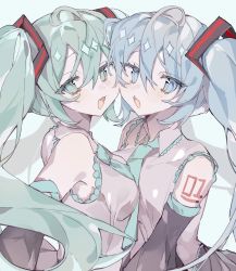 Rule 34 | 2girls, black skirt, black sleeves, blue background, blue eyes, blue hair, breast press, breasts, chinese commentary, collared shirt, commentary request, detached sleeves, dual persona, green eyes, green hair, green necktie, grey shirt, hair between eyes, hatsune miku, highres, lace, lace-trimmed shirt, lace trim, laodongli, long hair, medium breasts, multiple girls, necktie, open mouth, pleated skirt, shirt, simple background, skirt, twintails, vocaloid